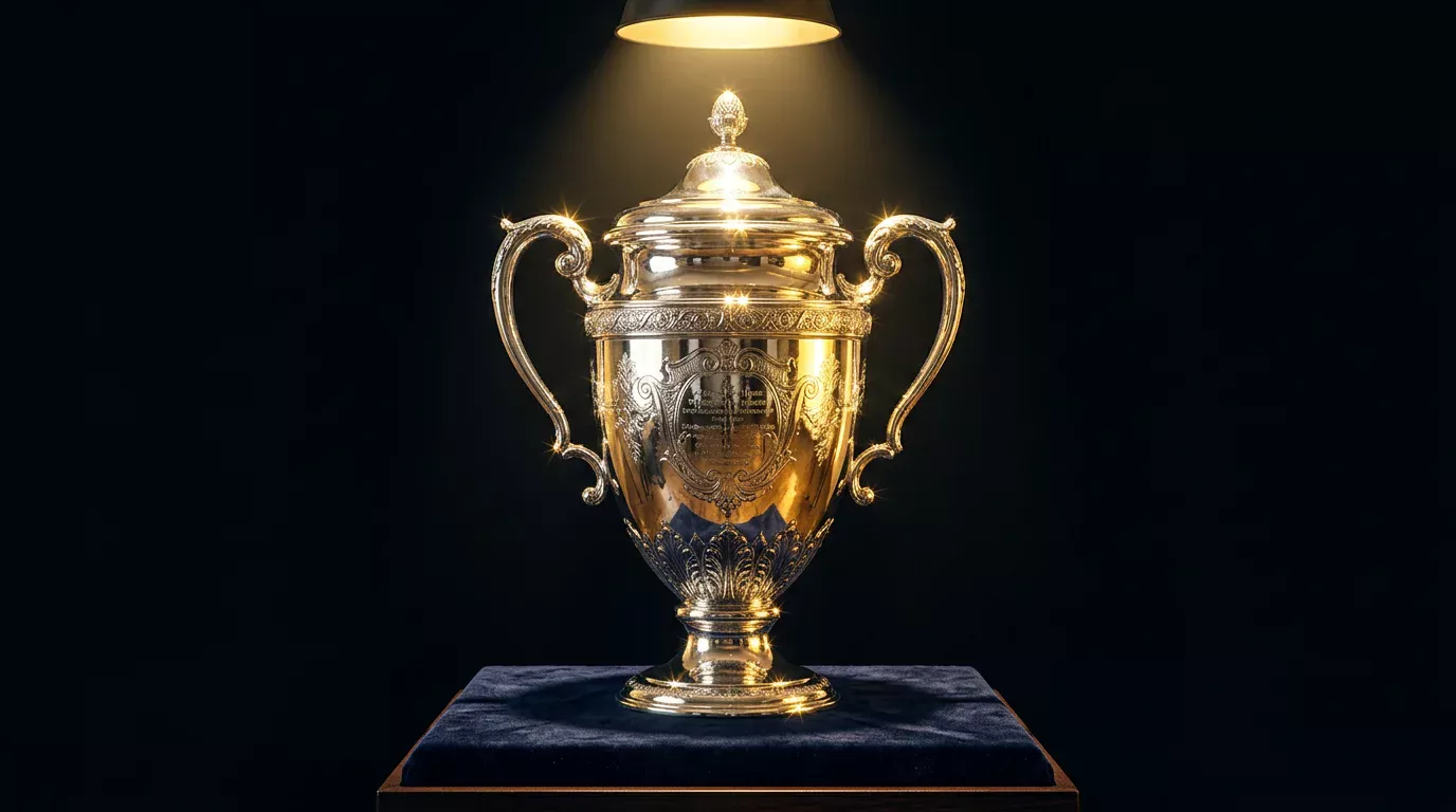 Trofeo de la Champions League con reflejo dorado sobre un pedestal en un escenario de la UEFA